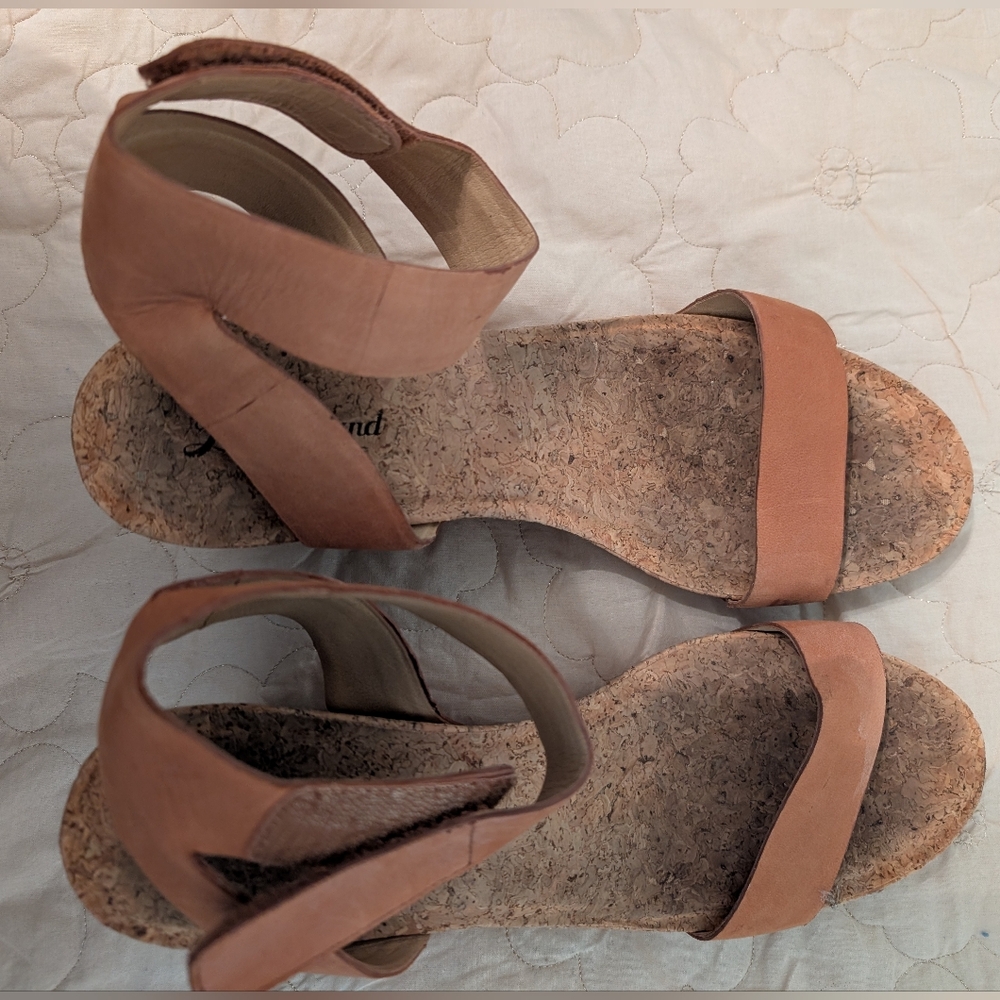 Lucky Brand Nude Ankle Strap Cork Sole Wedge Heels